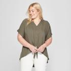 Women's Plus Size Tie Front Short Sleeve Blouse - Universal Thread Olive (green) X