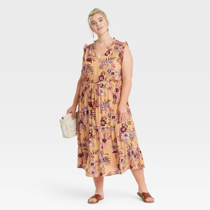 Women's Plus Size Sleeveless Ruffle Tie Waist Dress - Knox Rose Yellow Floral