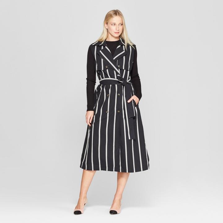 Women's Sleeveless Striped Button Detailed Belted Draped Trench - Who What Wear Black/white