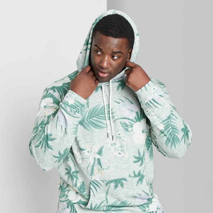 Men's Tall Floral Print Hoodie Sweatshirt - Original Use - Gray