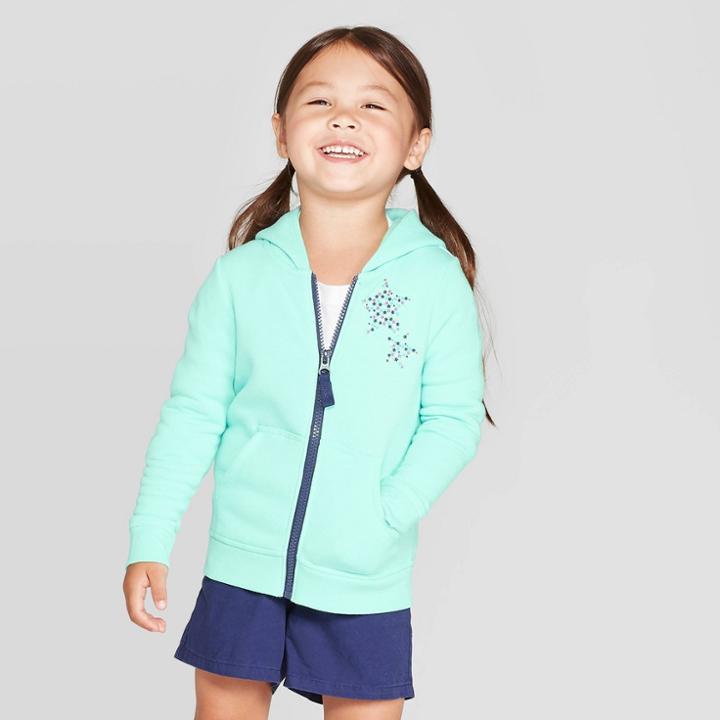 Toddler Girls' Star Fleece Zip-up Hoodie - Cat & Jack Aqua 2t, Toddler Girl's, Green
