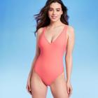 Women's V-neck Over The Shoulder High Leg One Piece Swimsuit - Kona Sol Peach Orange