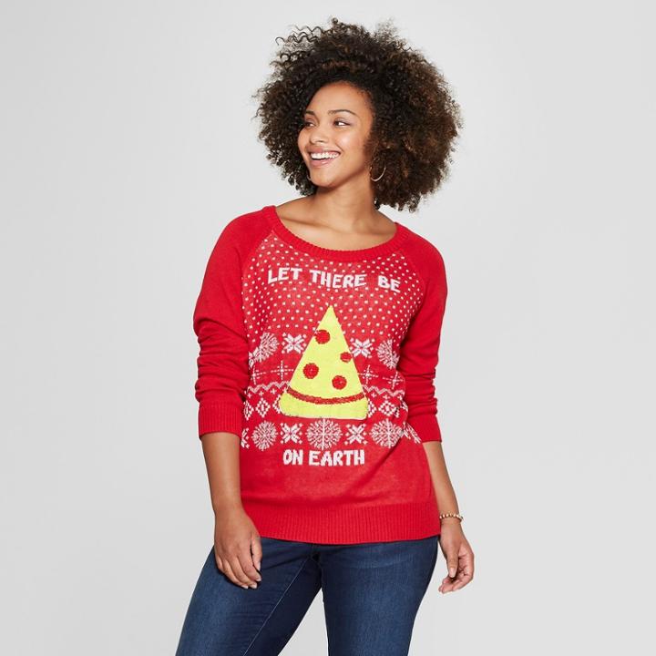 Women's Plus Size Let There Be Pizza Reversible Sequin Sweater - Well Worn (juniors') Red