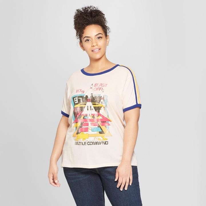 Junk Food Women's Plus Size Atari Missile Command Short Sleeve Ringer Graphic T-shirt - White