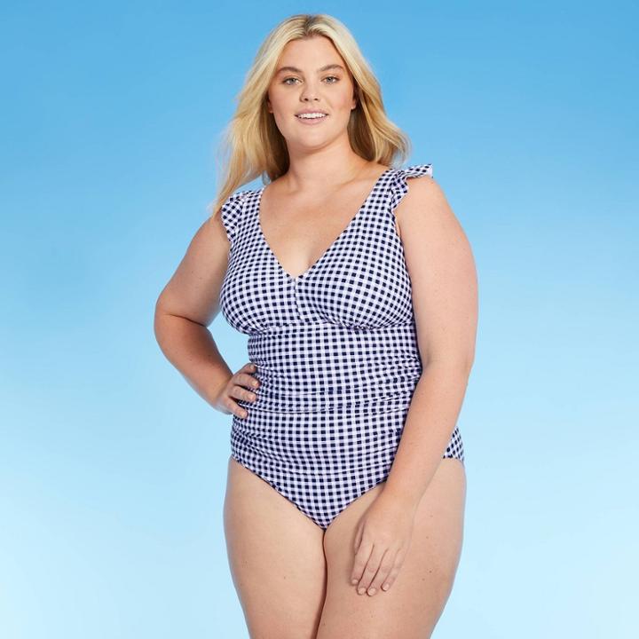 Kona Sol Women's Plus Size Ruffle Gingham High Coverage One Piece Swimsuit - Kona