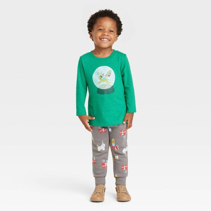 Toddler Boys' Dog Snow Globe Long Sleeve T-shirt And Fleece Jogger Pants Set - Cat & Jack Green