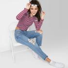 Women's Long Sleeve Fitted Rib-knit T-shirt - Wild Fable Burgundy Striped