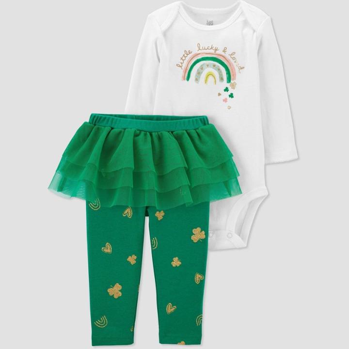 Carter's Just One You Baby Girls' 2pc 'grandma's Lucky Charm' Top And Tutu Bottom Set - Green/white Newborn