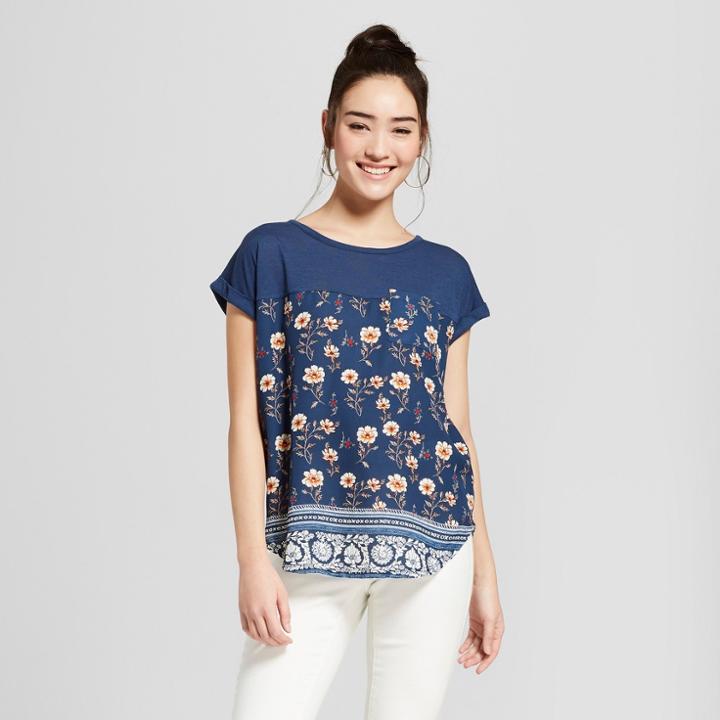 Women's Basic Sleeve Floral Print Knit/woven T-shirt With Pocket - Xhilaration Blue