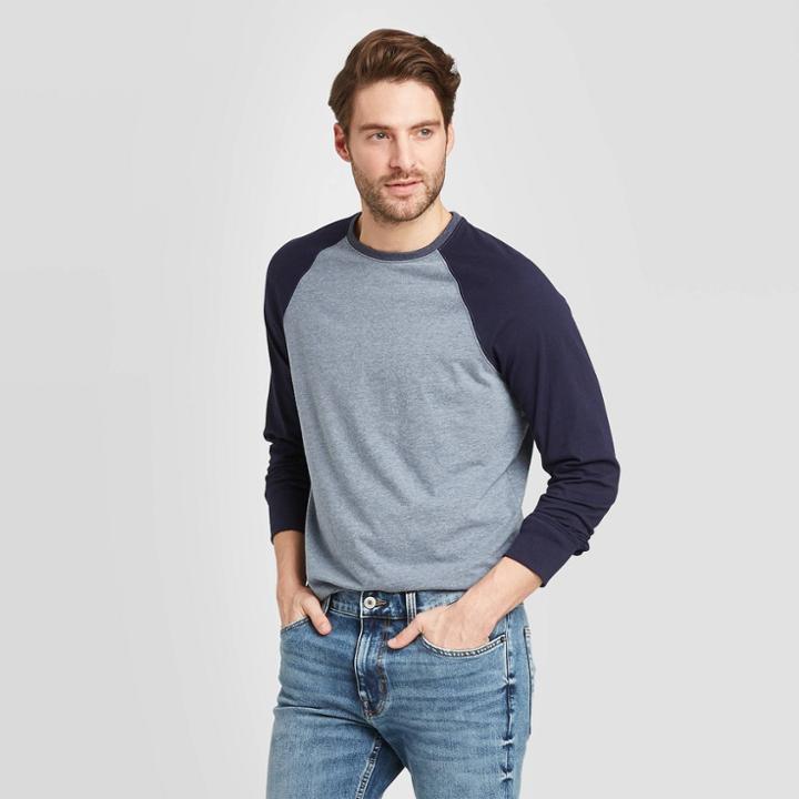 Men's Standard Fit Long Sleeve Crew Neck Baseball T-shirt - Goodfellow & Co Navy S, Men's, Size: