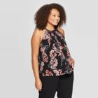 Women's Plus Size Floral Print Sleeveless Mockneck Chiffon Halter Top - A New Day Black