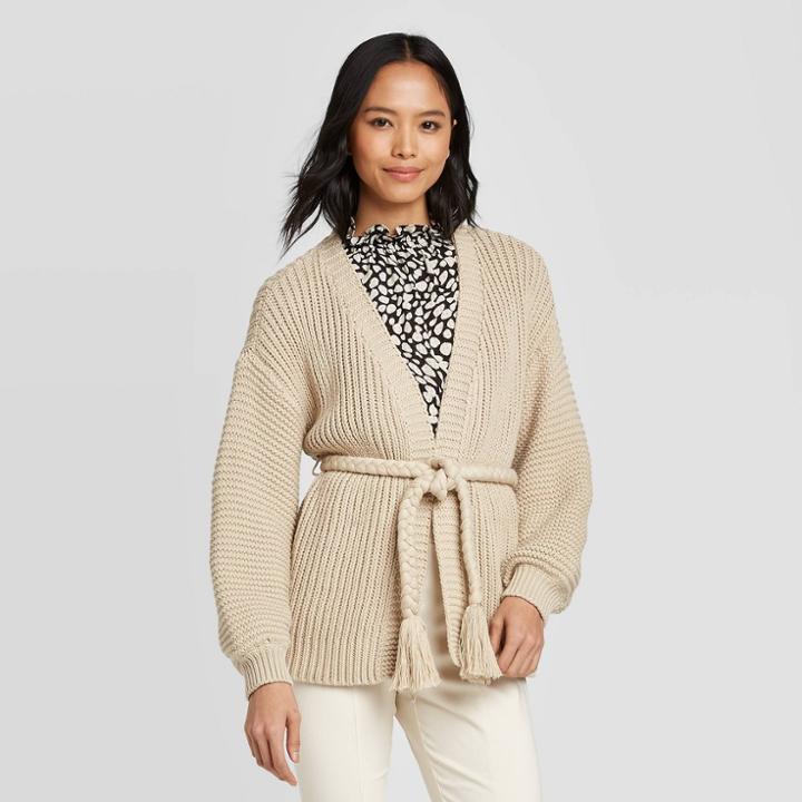 Women's Long Sleeve Chunky Cardigan With Tassel Tie - Who What Wear Beige