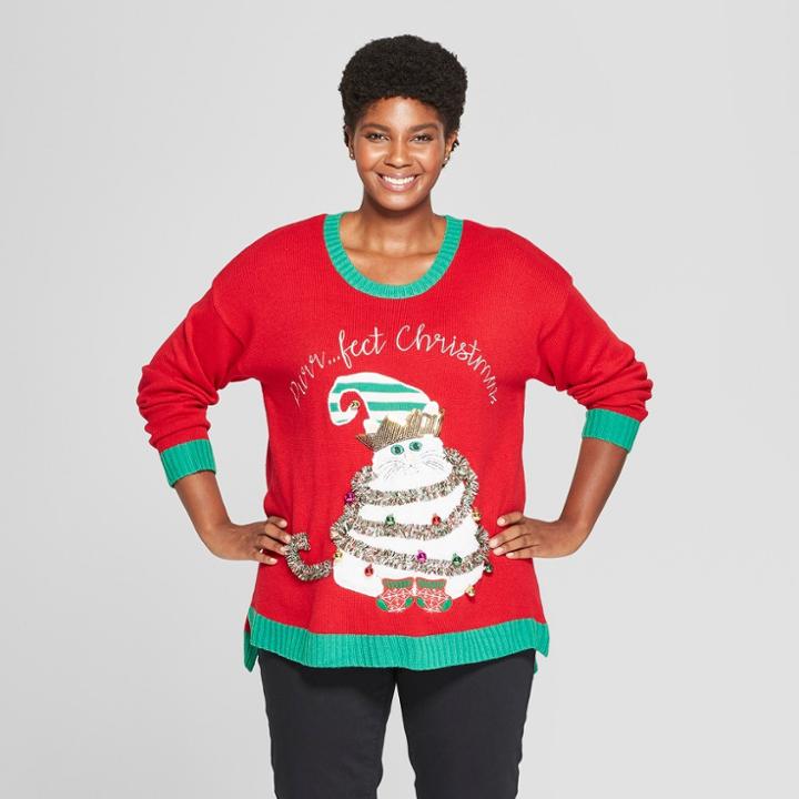 Women's Plus Size Purrfect Christmas Cat Ugly Sweater - 33 Degrees (juniors') Red