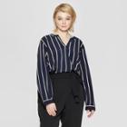 Women's Plus Size Plaid Long Sleeve Crew Neck Woven Popover - Ava & Viv Navy