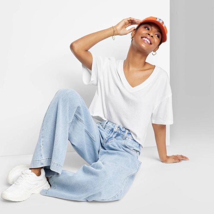 Women's Short Sleeve Relaxed Fit V-neck Cropped T-shirt - Wild Fable White Xxs