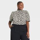 Women's Plus Size Floral Print Puff Elbow Sleeve Ruffle Detail Top - Who What Wear Black