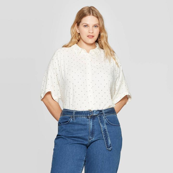 Women's Plus Size Short Sleeve Collared Button-down Shirt - Universal Thread White/red X