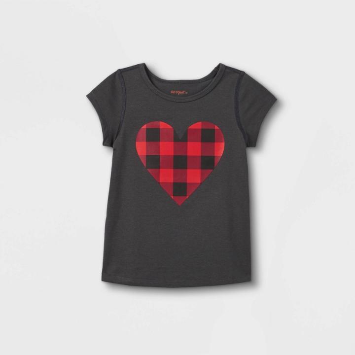 Toddler Girls' Adaptive Buffalo Check Heart Graphic Short Sleeve T-shirt - Cat & Jack Dark Gray