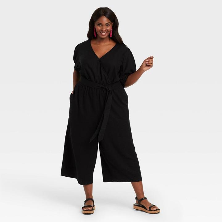 Women's Plus Size 3/4 Sleeve Cropped Jumpsuit - Ava & Viv Black X