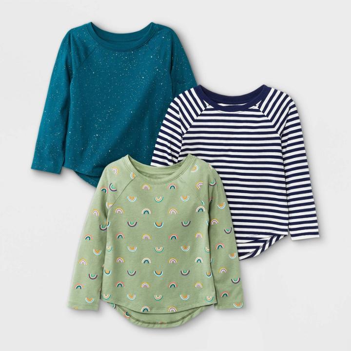 Toddler Girls' Rainbow Striped Sparkle Long Sleeve T-shirt - Cat & Jack Navy/teal/green