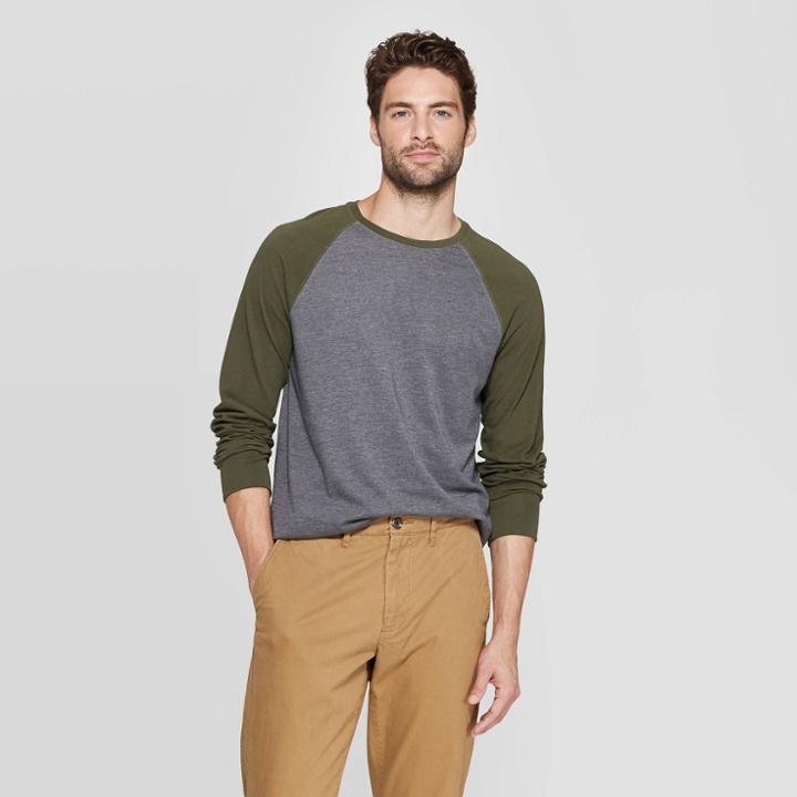 Men's Standard Fit Long Sleeve Baseball T-shirt - Goodfellow & Co Late Night Green S, Men's, Size: Small, Late Black Green