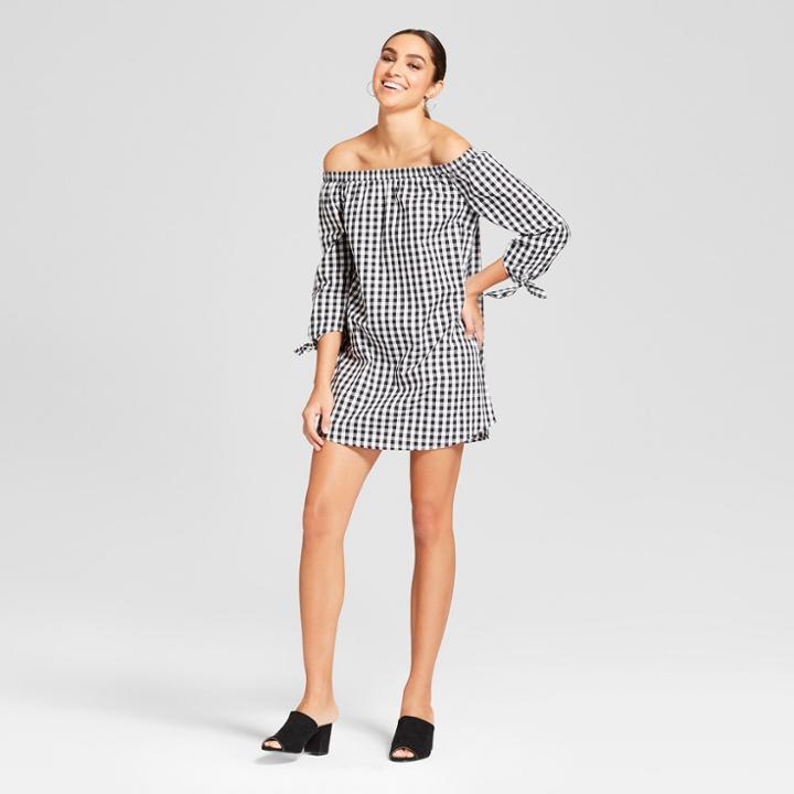 Women's Gingham Check Long Sleeve Off The Shoulder Dress - Needlework Black/white