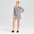 Women's Gingham Check Long Sleeve Off The Shoulder Dress - Needlework Black/white