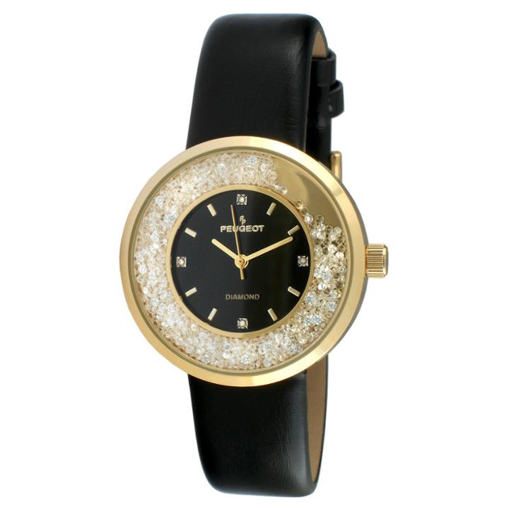 Peugeot Watches Peugeot Women's Gold Tone Diamond Dial-floating Cz Watch, Black