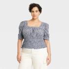 Women's Plus Size Puff Elbow Sleeve Smocked Fitted Blouse - Universal Thread Navy Blue Floral