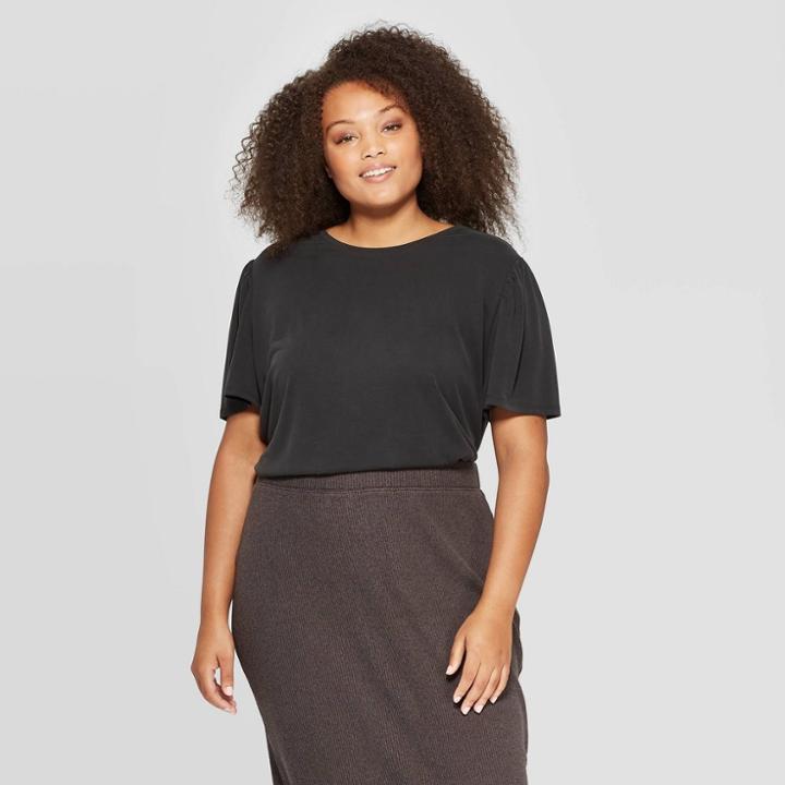 Women's Plus Size Flutter Short Sleeve Crewneck Sandwash T-shirt - A New Day Black