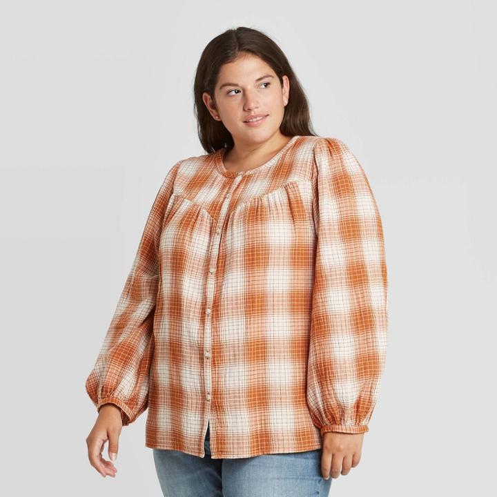 Women's Plus Size Plaid Puff Long Sleeve Button-front Blouse - Universal Thread Brown