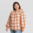 Women's Plus Size Plaid Puff Long Sleeve Button-front Blouse - Universal Thread Brown