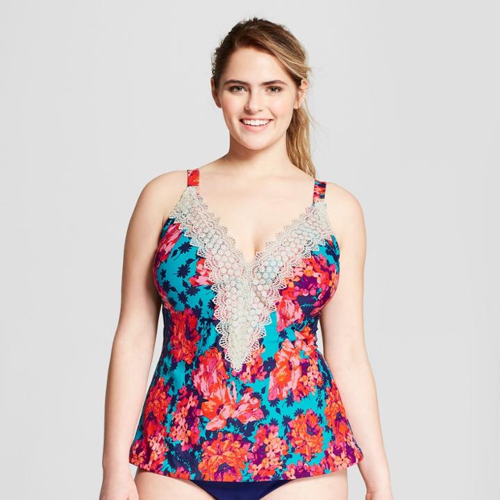 Plus Size Sea Angel Women's Plus Floral Lace Halter Tankini Top - Blue Floral