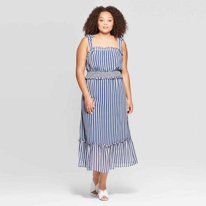 Women's Plus Size Striped Sleeveless Square Neck Shoulder Tie Column Dress - Who What Wear Eco White