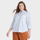 Women's Plus Size Striped Long Sleeve Button-down Boyfriend Shirt - A New Day Blue