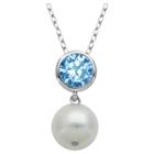 Prime Art & Jewel Genuine White Pearl And Blue Topaz Pendant Necklace With 18 Chain, Girl's, Silver/blue Topaz