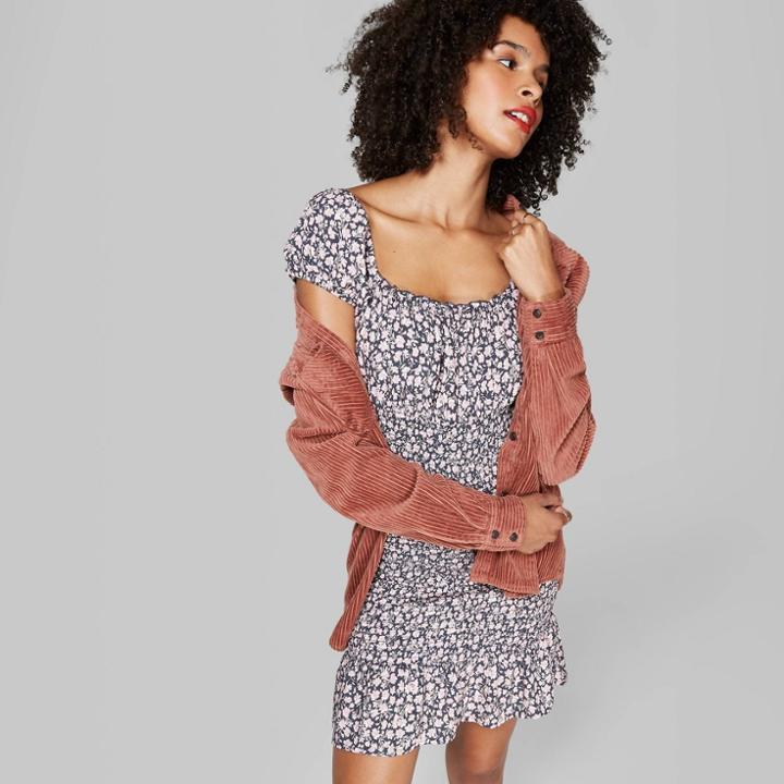 Women's Floral Print Short Sleeve Scoop Neck Smocked Body Mini Dress - Wild Fable Gray