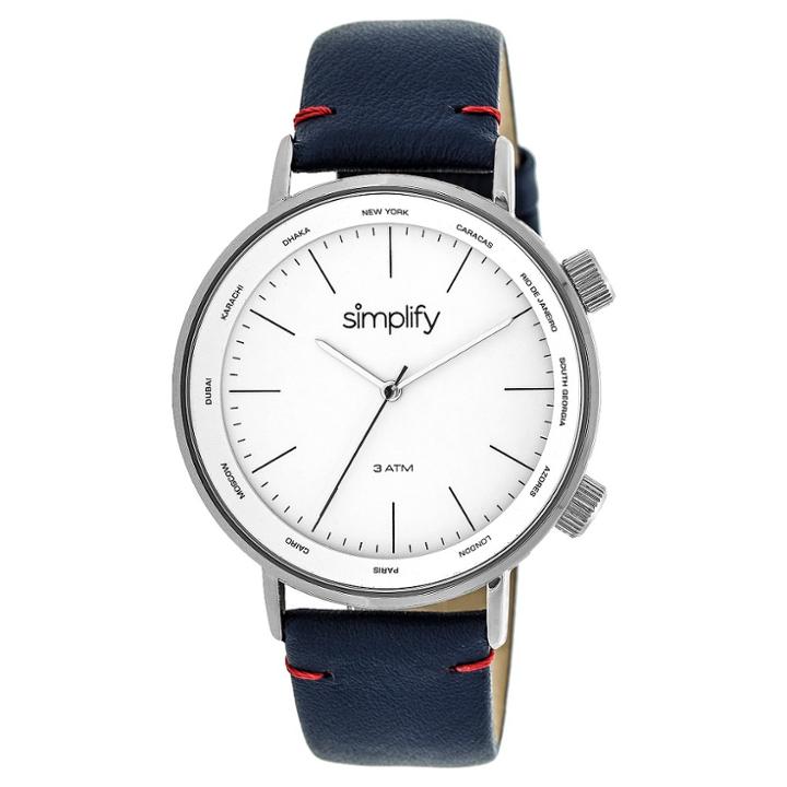 Simplify The 3300 Men's Leather-band Watch - Silver/navy (blue)