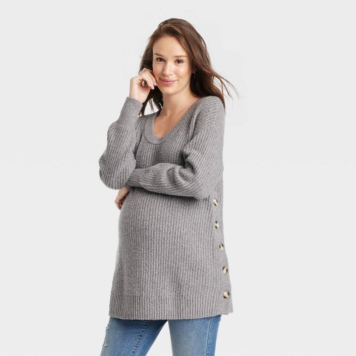 Scoop Neck Side Button Maternity Sweater - Isabel Maternity By Ingrid & Isabel Gray