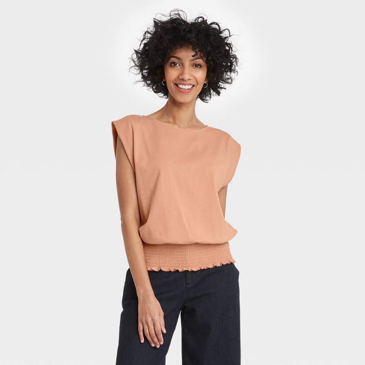 Women's Short Sleeve Boat Neck Smocked Hem T-shirt - A New Day Brown