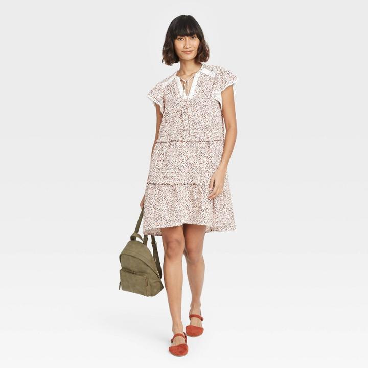 Women's Floral Print Flutter Short Sleeve Knit Tiered Dress - Knox Rose Ivory