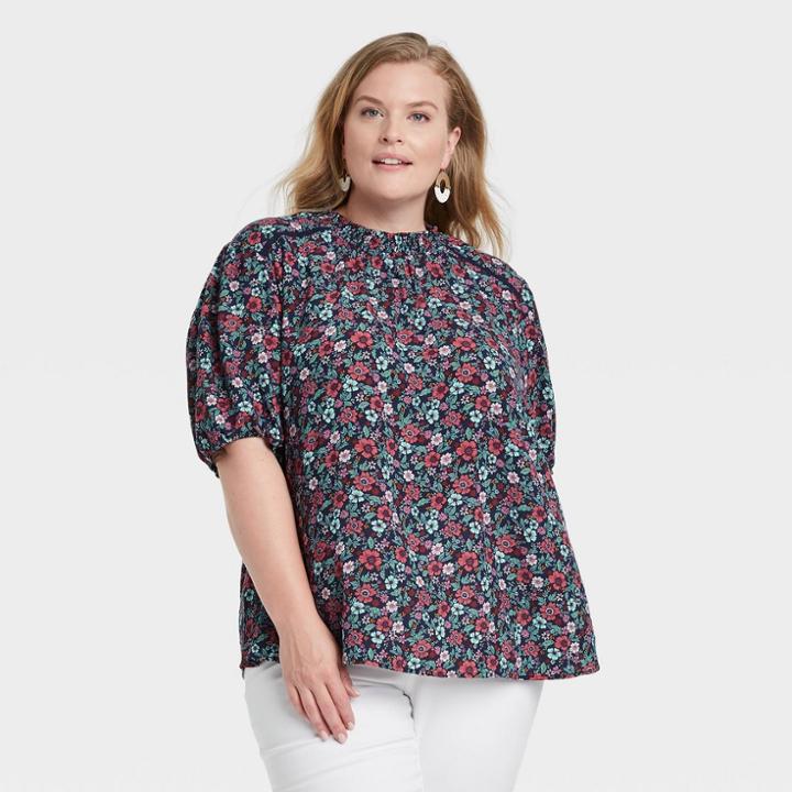 Women's Plus Size Short Sleeve High Neck Blouse - Knox Rose Navy Floral 1x, Blue Floral