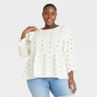 Women's Plus Size Floral Print Puff 3/4 Sleeve Embroidered Ruffle Top - Universal Thread Cream