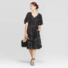 Women's Regular Fit Elbow Sleeve V-neck Tie-waist Woven Dress - A New Day Black/white