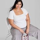 Women's Short Sleeve Rib Fitted Square Neck Baby T-shirt - Wild Fable White