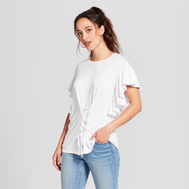 Petitewomen's Short Angel Sleeve Corset T-shirt - Como Black - White