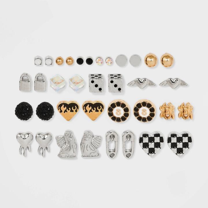 Safety Pin Lock And Heart Stud Earring Set 18ct - Wild Fable , Gold/nickel/white