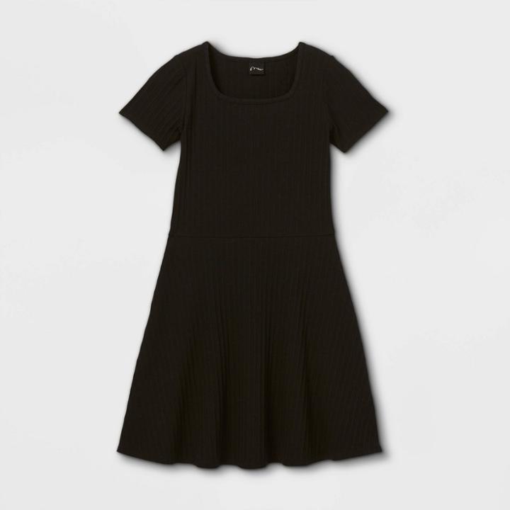 Girls' Square Neck Short Sleeve Ribbed Dress - Art Class Black