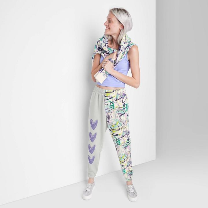 Women's High-rise Fleece Sweatpants - Wild Fable Almond/gray Graffiti Xxs