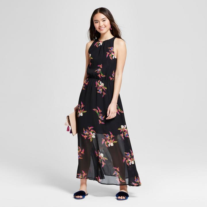 Women's Floral Print Sleeveless High Neck Maxi Sundress- A New Day Black